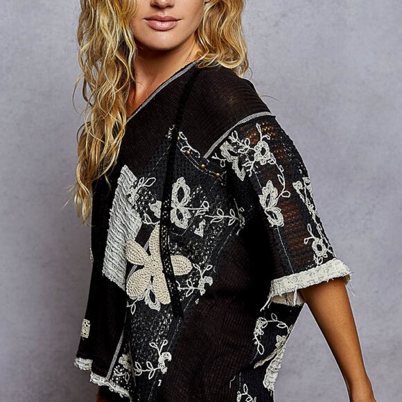 The Black Brooke Set POL  V-neck hoodie, relaxed fit top in rib with lace detail - Picture 3 of 4